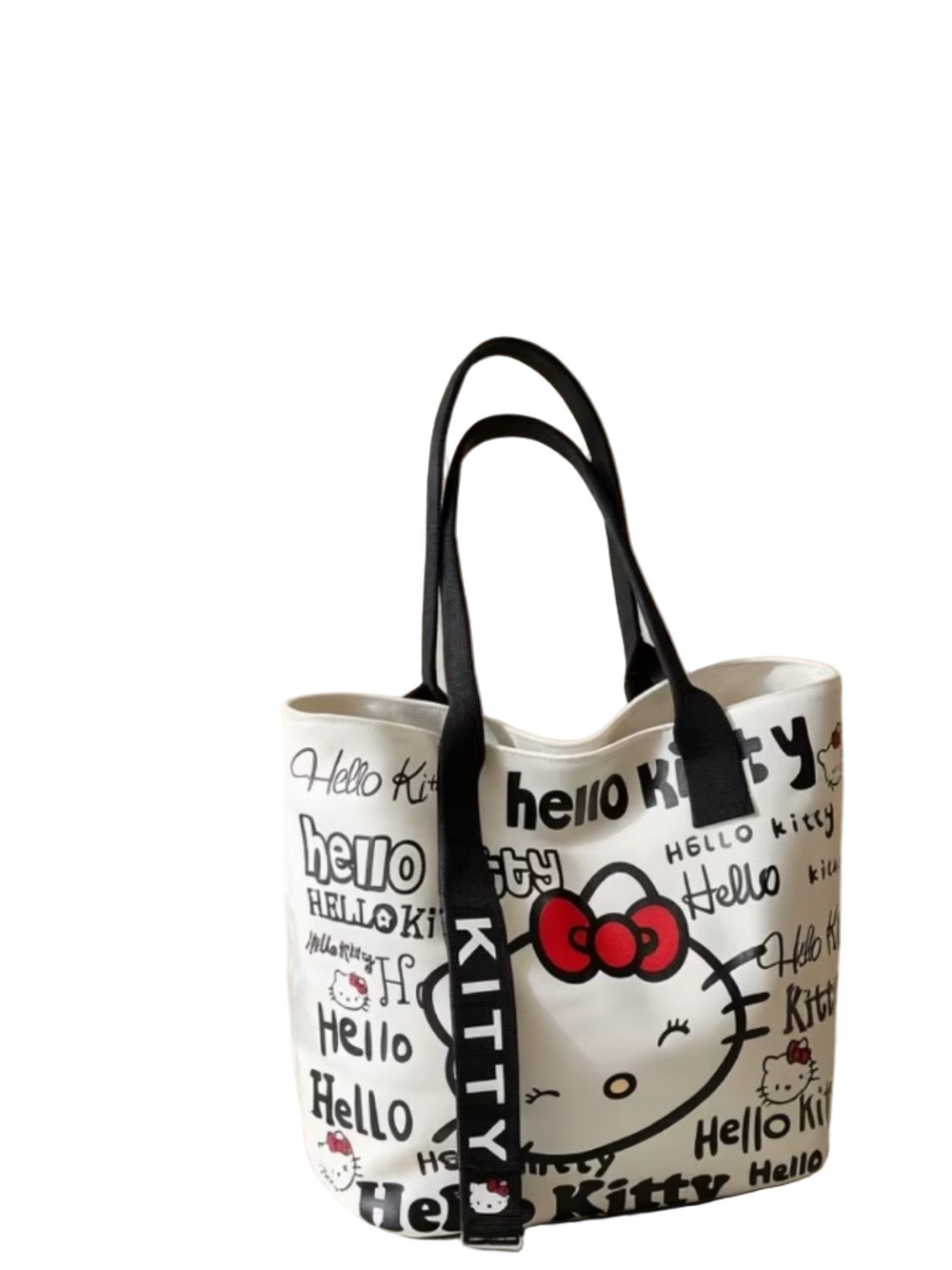Hello Kitty White Tote Bag with Black Straps and Red Bow Graphic Zipper Closure